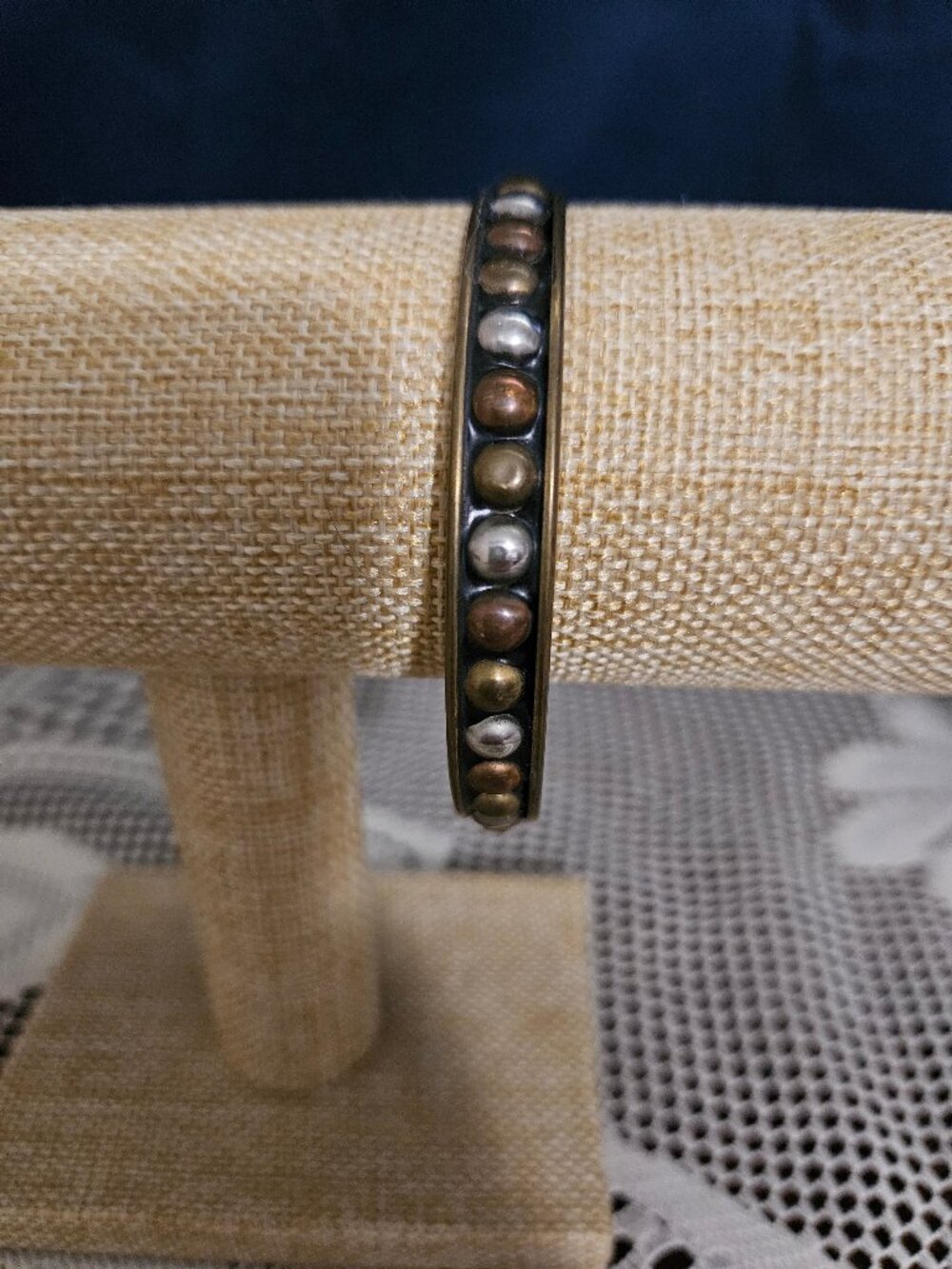 Antique Styled Brass/Copper/Silver Toned Bombshell Studded Bangle Bracelet